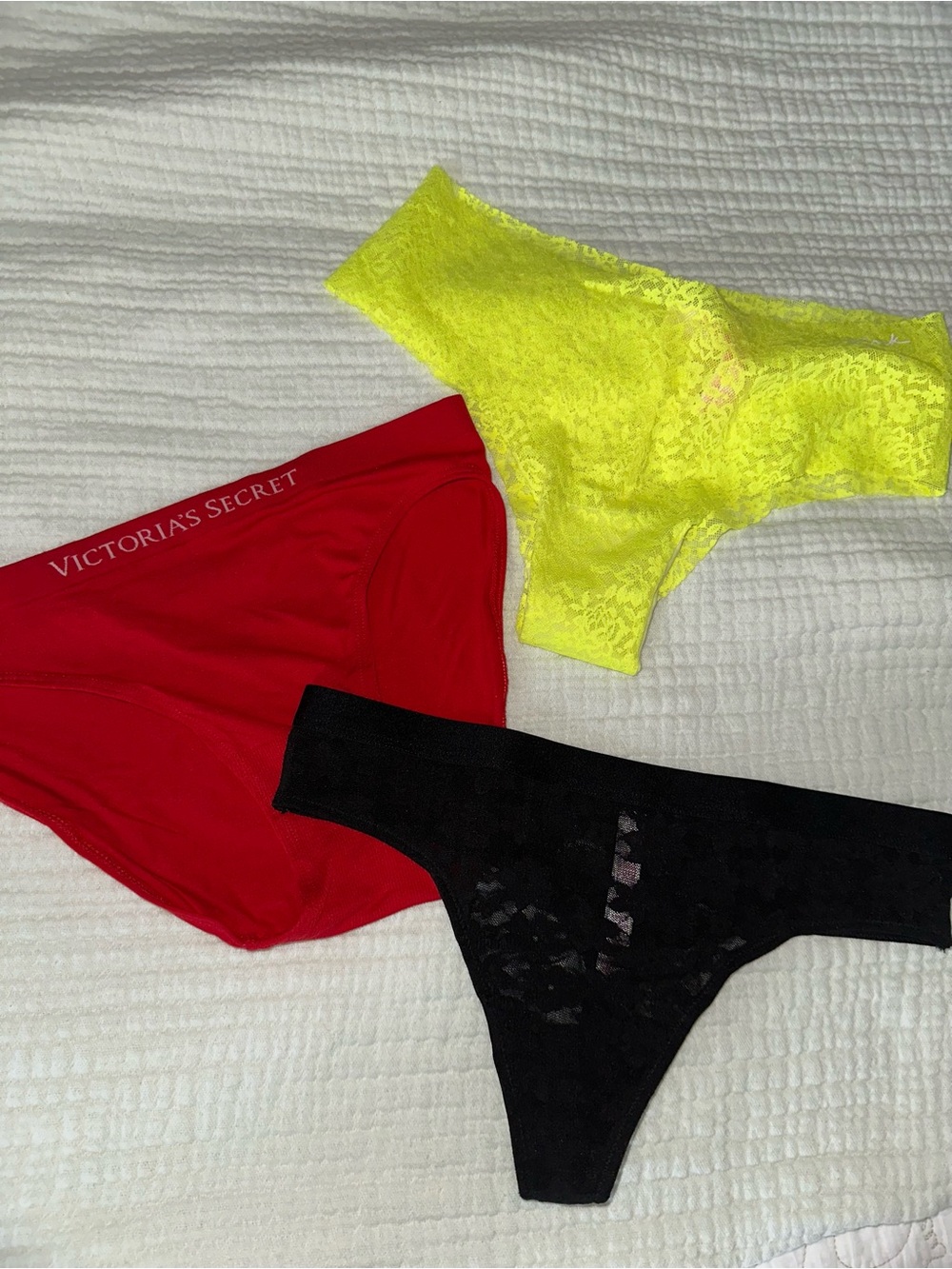 PINK Victoria's Secret Trio: Red, Neon Yellow & Black Lace Panties